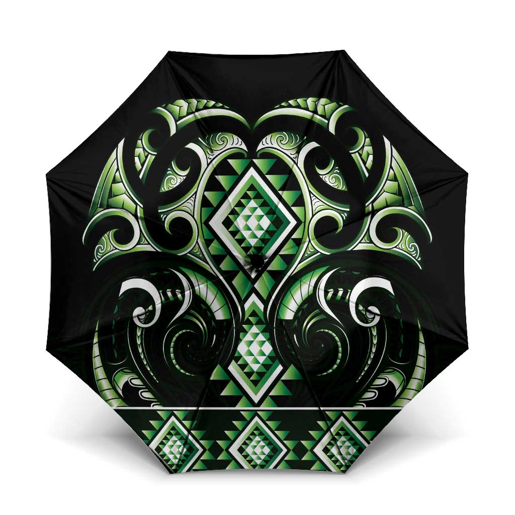Green Ngaru Taniko With Aotearoa Maori Tattoo Umbrella - Polynesian Pride