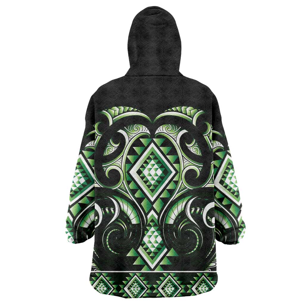 Green Ngaru Taniko With Aotearoa Maori Tattoo Wearable Blanket Hoodie LT14 - Polynesian Pride