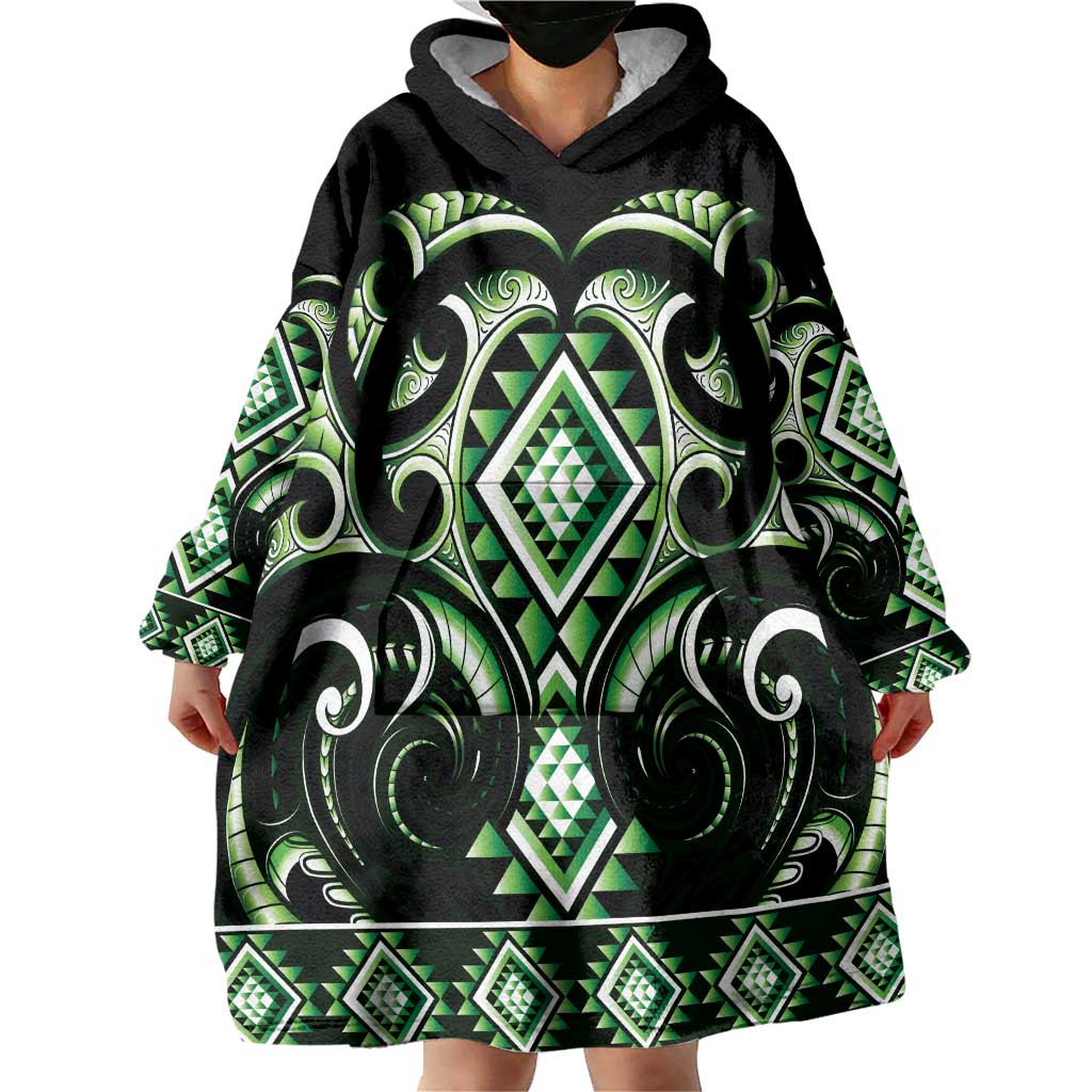 Green Ngaru Taniko With Aotearoa Maori Tattoo Wearable Blanket Hoodie LT14 - Polynesian Pride