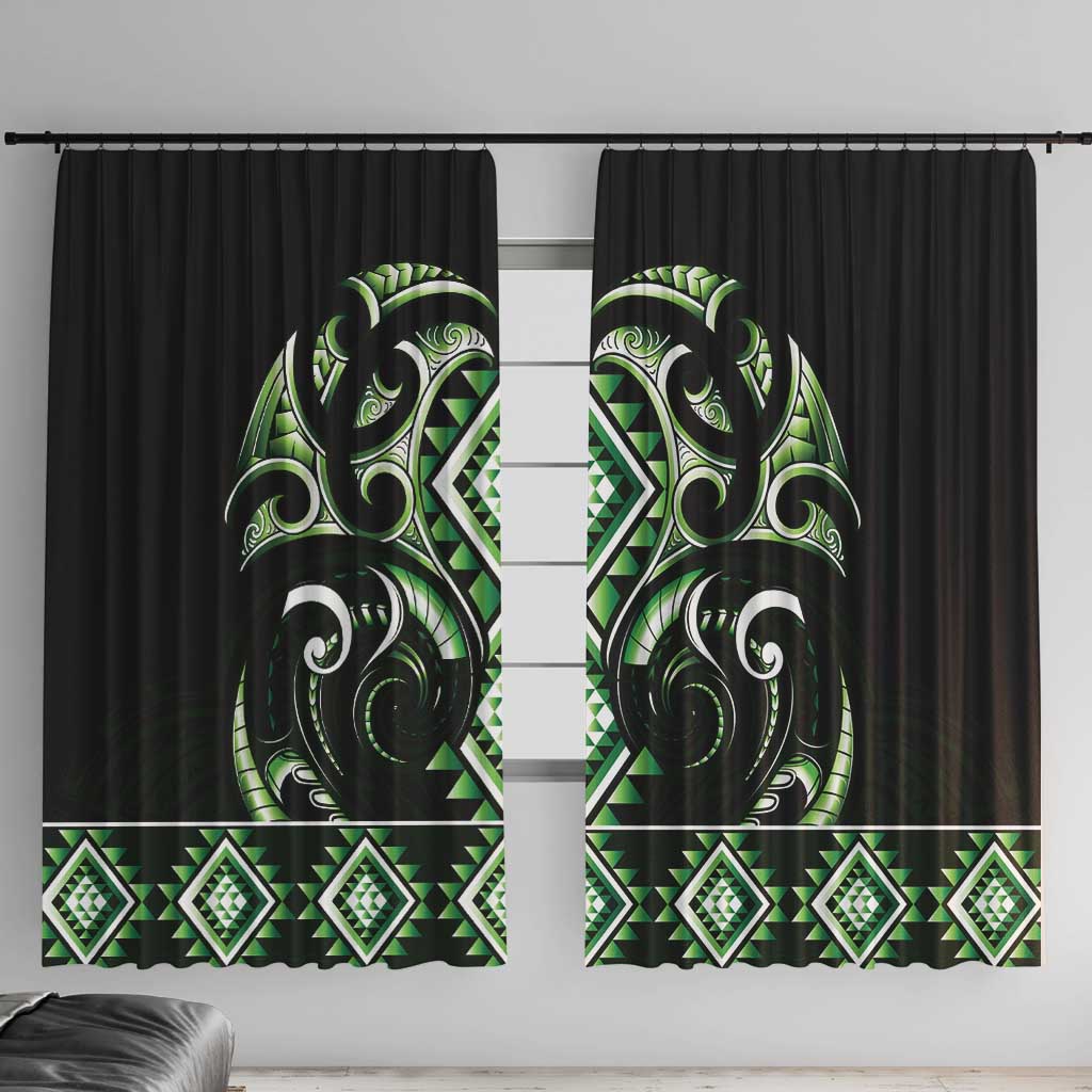 Green Ngaru Taniko With Aotearoa Maori Tattoo Window Curtain LT14 With Hooks Green - Polynesian Pride