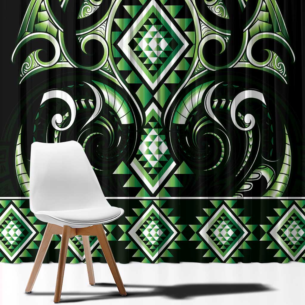 Green Ngaru Taniko With Aotearoa Maori Tattoo Window Curtain LT14 - Polynesian Pride