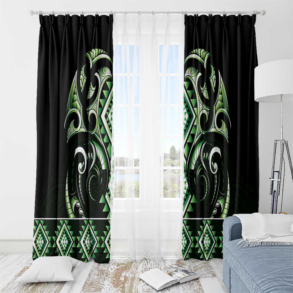 Green Ngaru Taniko With Aotearoa Maori Tattoo Window Curtain LT14 - Polynesian Pride