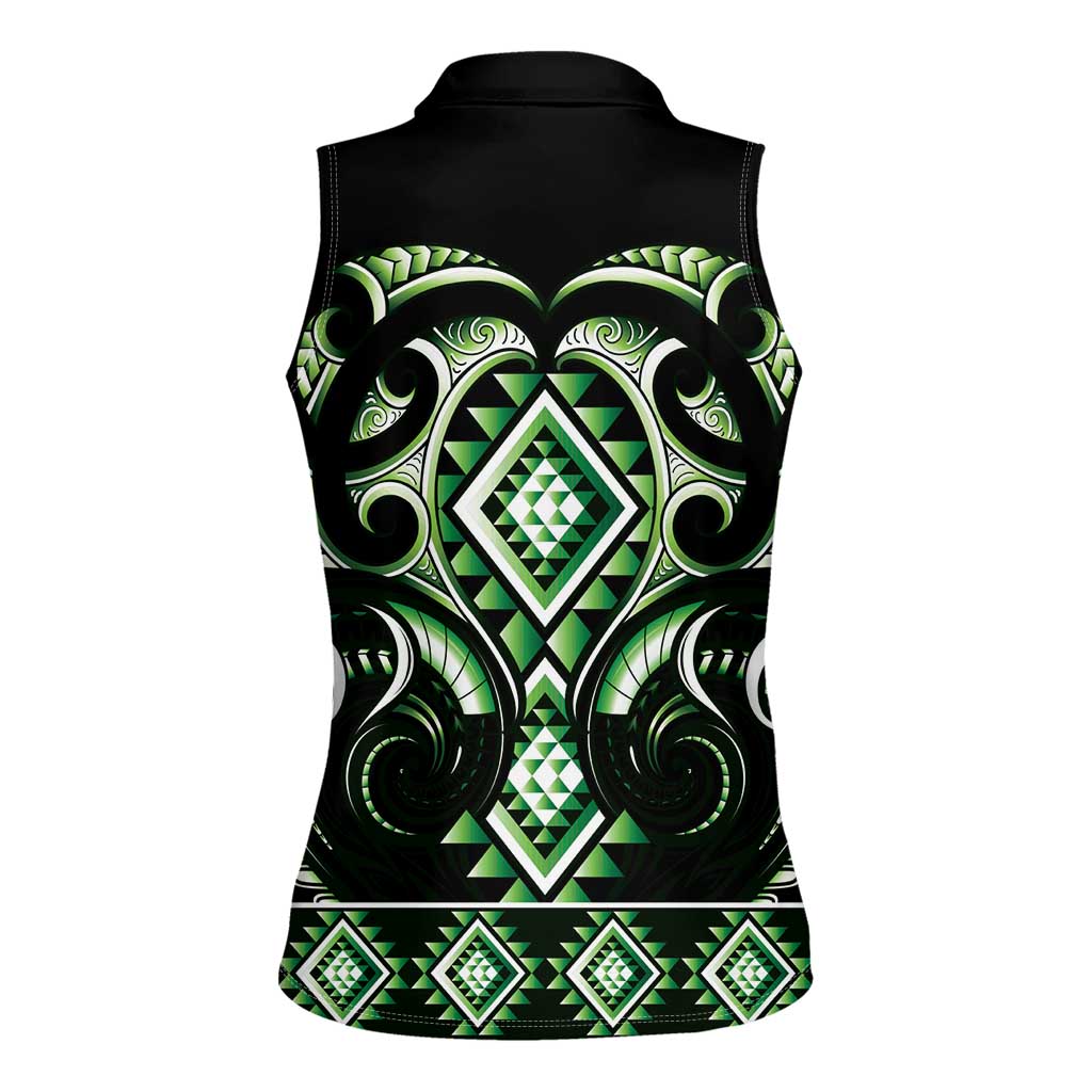 Green Ngaru Taniko With Aotearoa Maori Tattoo Women Sleeveless Polo Shirt
