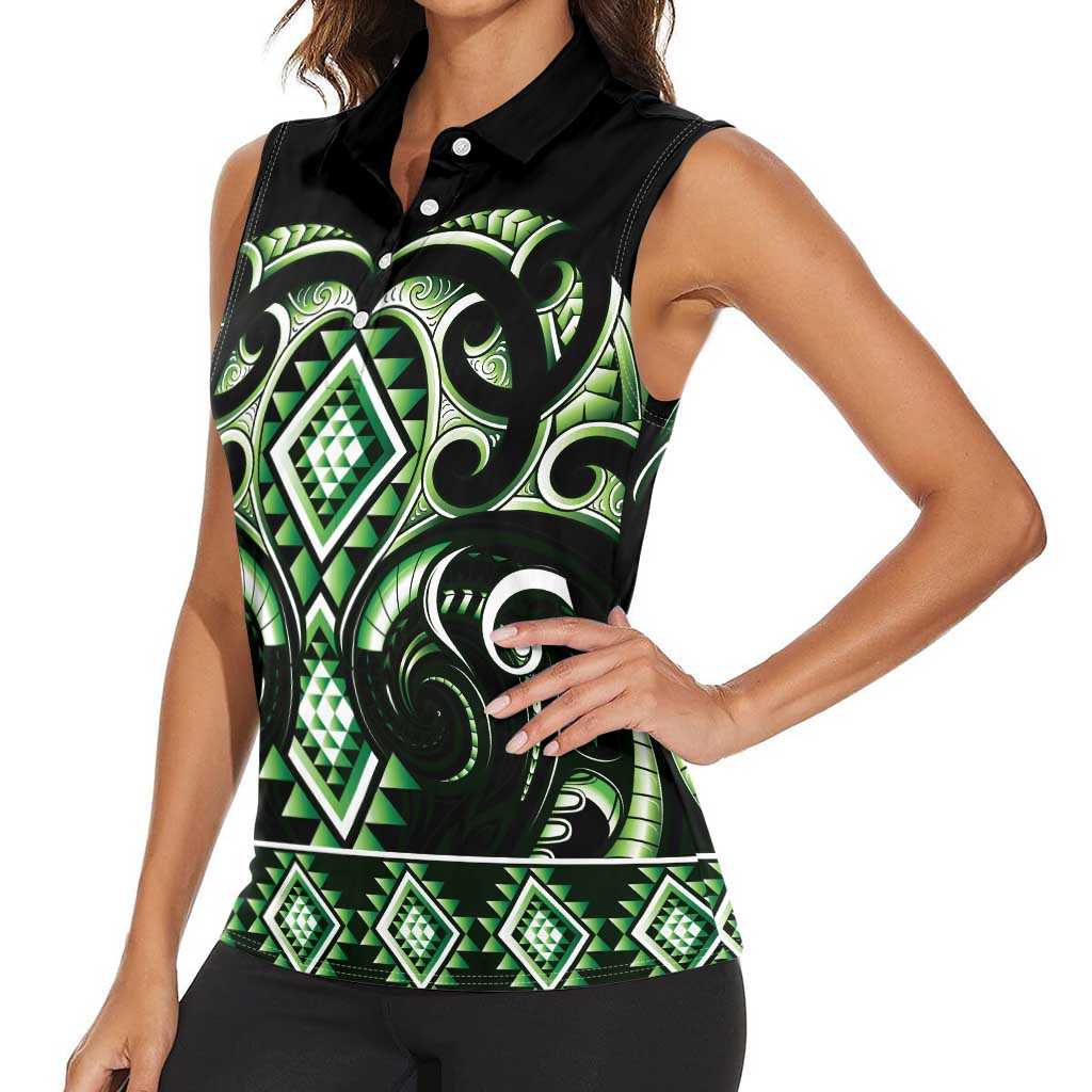 Green Ngaru Taniko With Aotearoa Maori Tattoo Women Sleeveless Polo Shirt