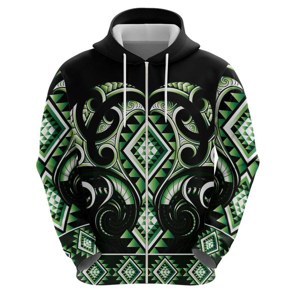 Green Ngaru Taniko With Aotearoa Maori Tattoo Zip Hoodie