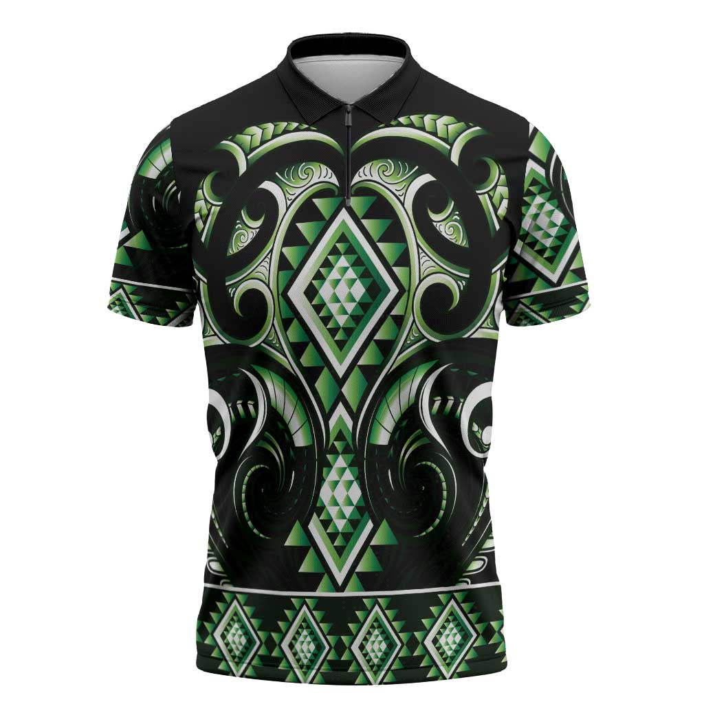 Green Ngaru Taniko With Aotearoa Maori Tattoo Zipper Polo Shirt - Polynesian Pride