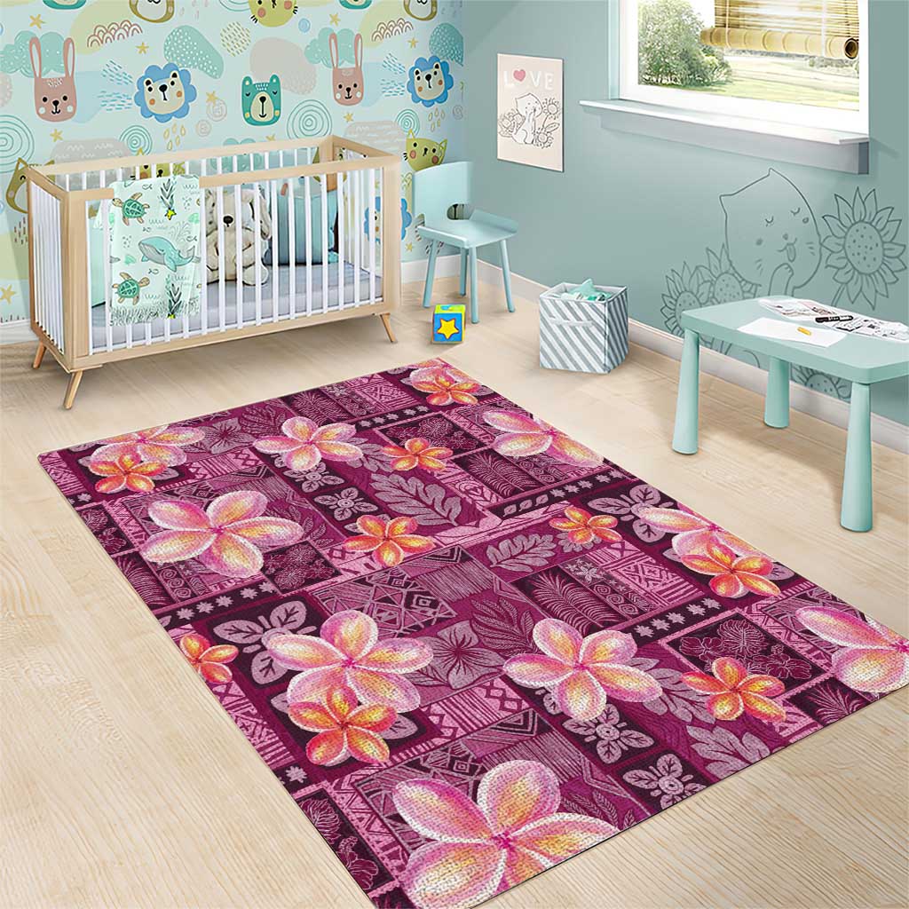 Pink Hawaii Plumeria With Tropical Flowers Motifs Area Rug