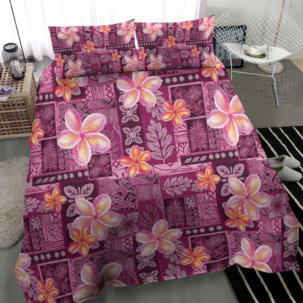 Pink Hawaii Plumeria With Tropical Flowers Motifs Bedding Set