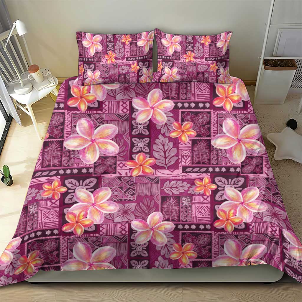 Pink Hawaii Plumeria With Tropical Flowers Motifs Bedding Set