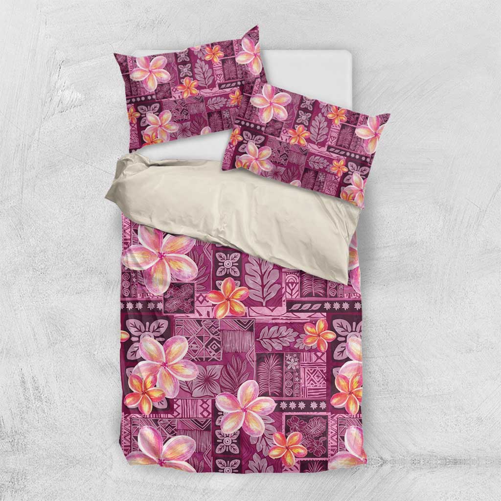 Pink Hawaii Plumeria With Tropical Flowers Motifs Bedding Set