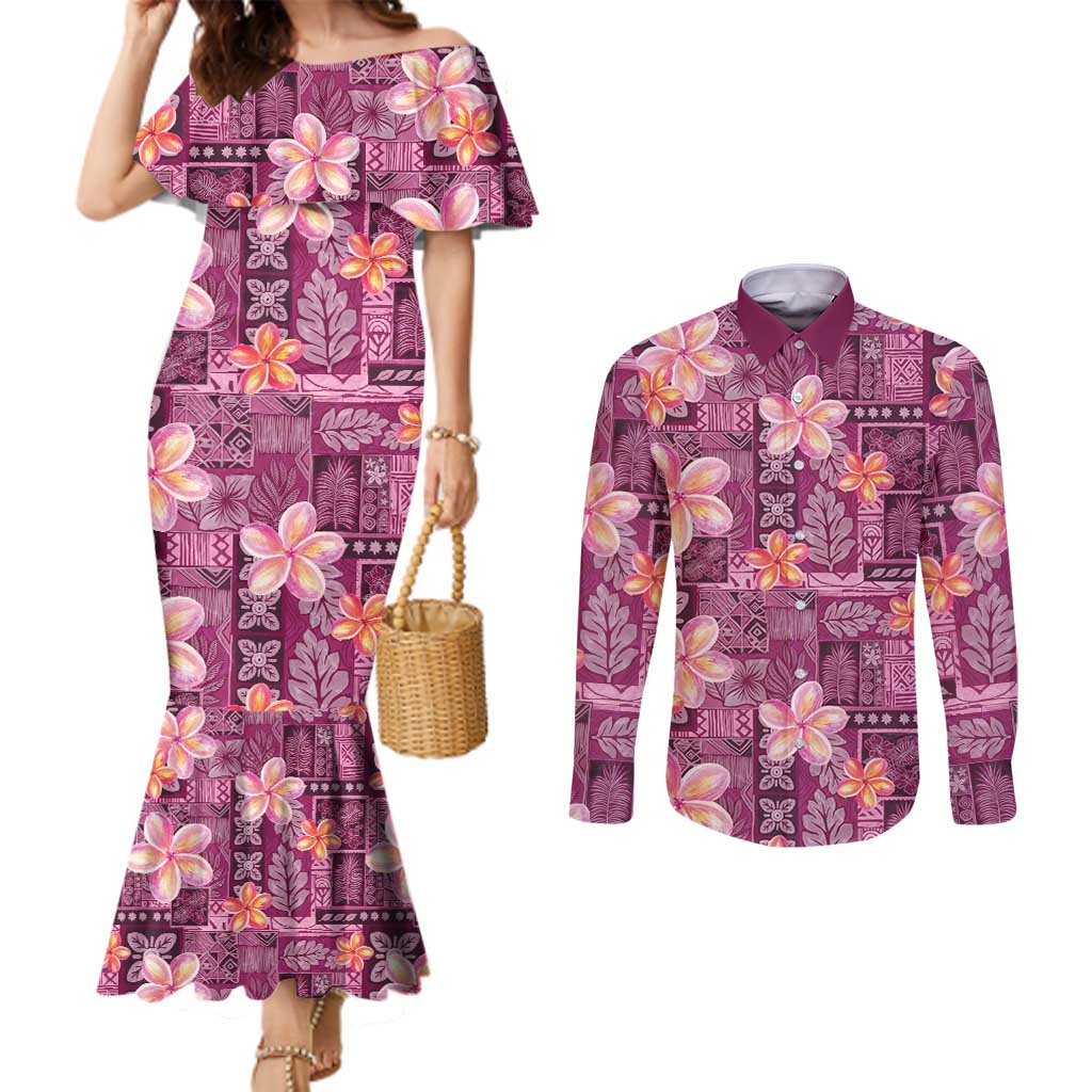 Pink Hawaii Plumeria With Tropical Flowers Motifs Couples Matching Mermaid Dress and Long Sleeve Button Shirt LT14 Pink - Polynesian Pride