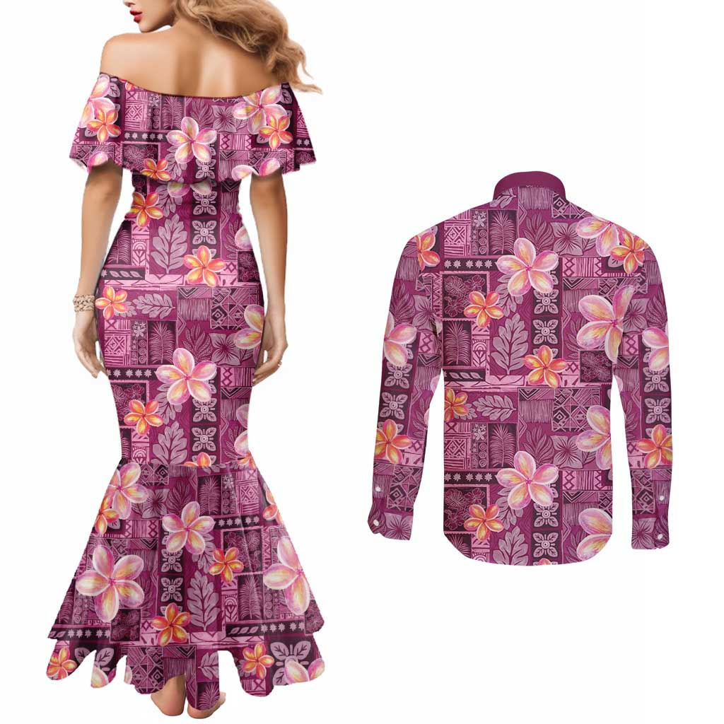 Pink Hawaii Plumeria With Tropical Flowers Motifs Couples Matching Mermaid Dress and Long Sleeve Button Shirt