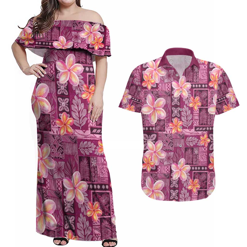 Pink Hawaii Plumeria With Tropical Flowers Motifs Couples Matching Off Shoulder Maxi Dress and Hawaiian Shirt LT14 Pink - Polynesian Pride