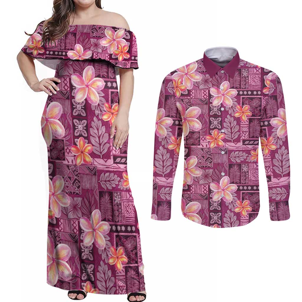 Pink Hawaii Plumeria With Tropical Flowers Motifs Couples Matching Off Shoulder Maxi Dress and Long Sleeve Button Shirt LT14 Pink - Polynesian Pride