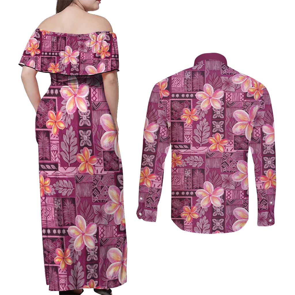 Pink Hawaii Plumeria With Tropical Flowers Motifs Couples Matching Off Shoulder Maxi Dress and Long Sleeve Button Shirt LT14 - Polynesian Pride