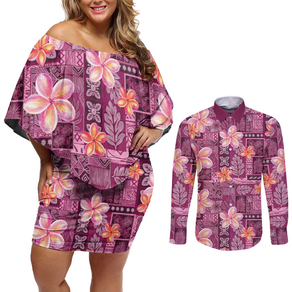 Pink Hawaii Plumeria With Tropical Flowers Motifs Couples Matching Off Shoulder Short Dress and Long Sleeve Button Shirt LT14 Pink - Polynesian Pride