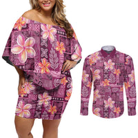 Pink Hawaii Plumeria With Tropical Flowers Motifs Couples Matching Off Shoulder Short Dress and Long Sleeve Button Shirt LT14 Pink - Polynesian Pride