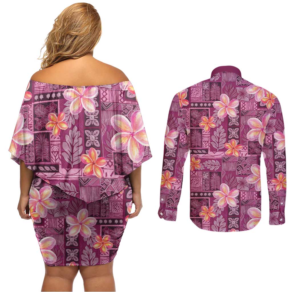 Pink Hawaii Plumeria With Tropical Flowers Motifs Couples Matching Off Shoulder Short Dress and Long Sleeve Button Shirt LT14 - Polynesian Pride