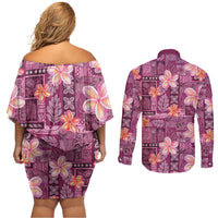 Pink Hawaii Plumeria With Tropical Flowers Motifs Couples Matching Off Shoulder Short Dress and Long Sleeve Button Shirt LT14 - Polynesian Pride