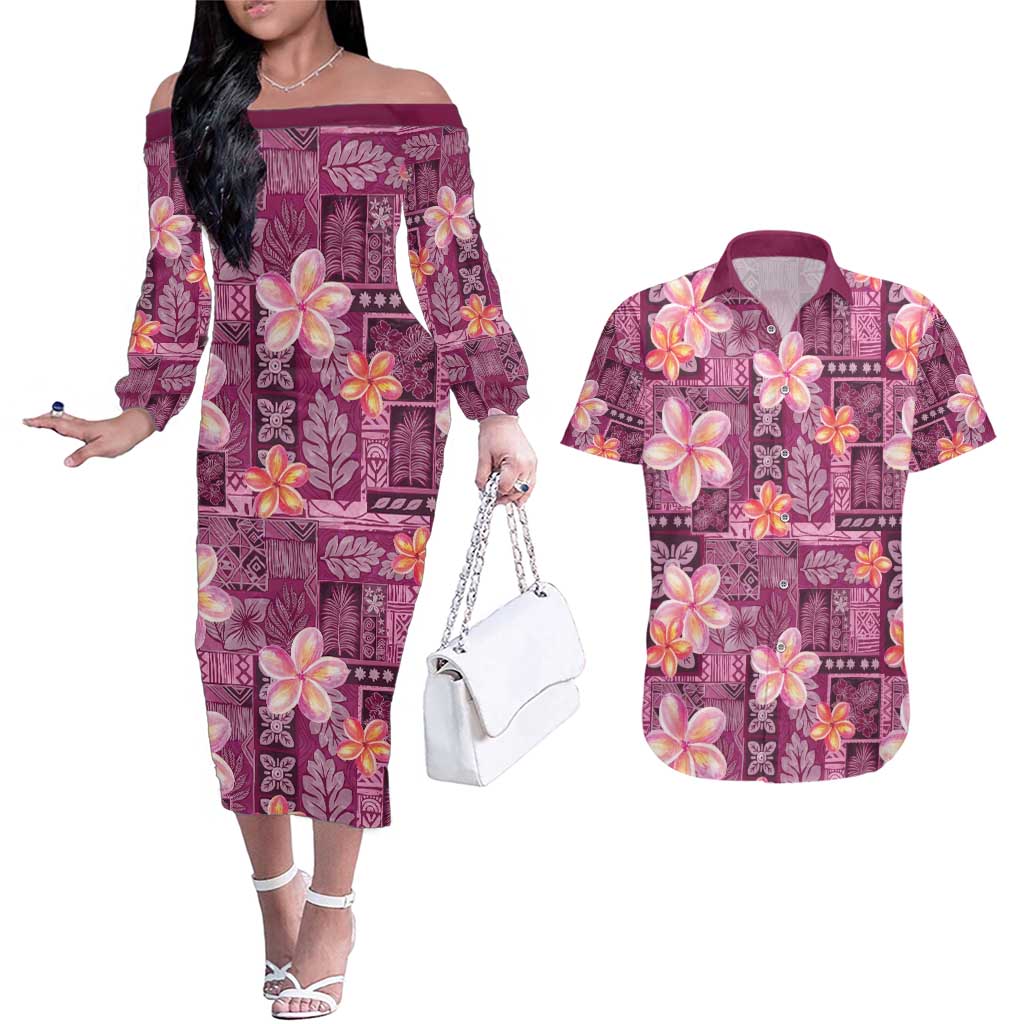 Pink Hawaii Plumeria With Tropical Flowers Motifs Couples Matching Off The Shoulder Long Sleeve Dress and Hawaiian Shirt LT14 Pink - Polynesian Pride