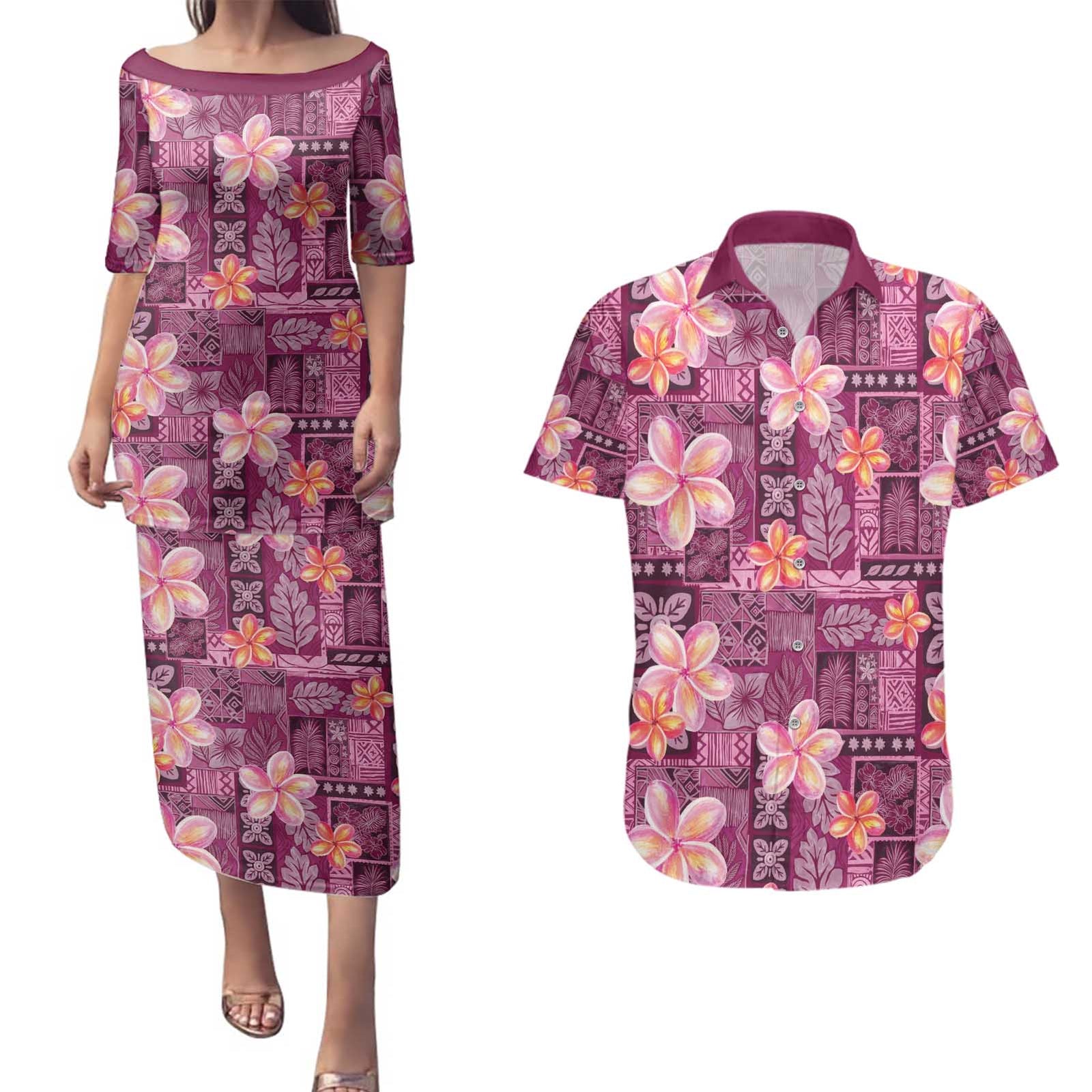 Pink Hawaii Plumeria With Tropical Flowers Motifs Couples Matching Puletasi and Hawaiian Shirt LT14 Pink - Polynesian Pride