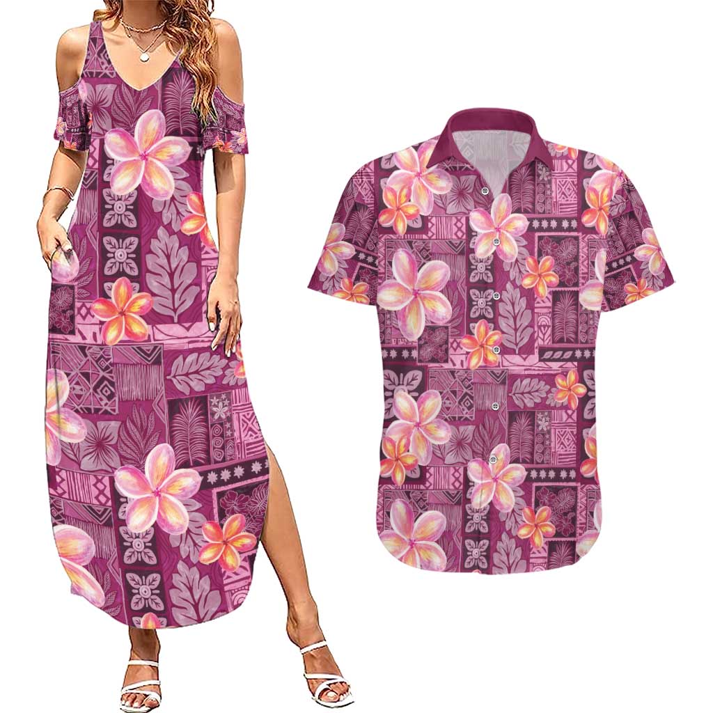 Pink Hawaii Plumeria With Tropical Flowers Motifs Couples Matching Summer Maxi Dress and Hawaiian Shirt LT14 Pink - Polynesian Pride