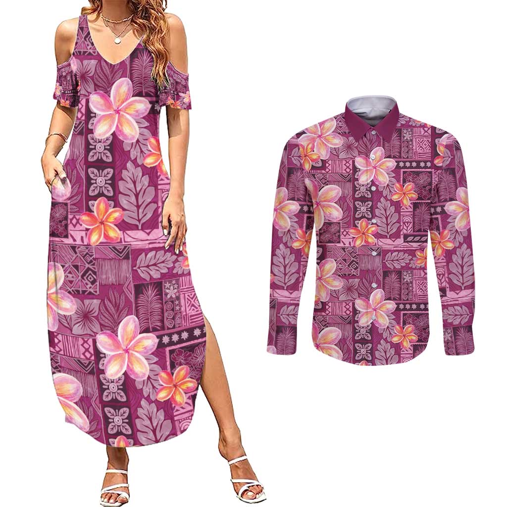Pink Hawaii Plumeria With Tropical Flowers Motifs Couples Matching Summer Maxi Dress and Long Sleeve Button Shirt LT14 Pink - Polynesian Pride