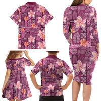 Pink Hawaii Plumeria With Tropical Flowers Motifs Family Matching Long Sleeve Bodycon Dress and Hawaiian Shirt