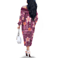 Pink Hawaii Plumeria With Tropical Flowers Motifs Family Matching Off The Shoulder Long Sleeve Dress and Hawaiian Shirt