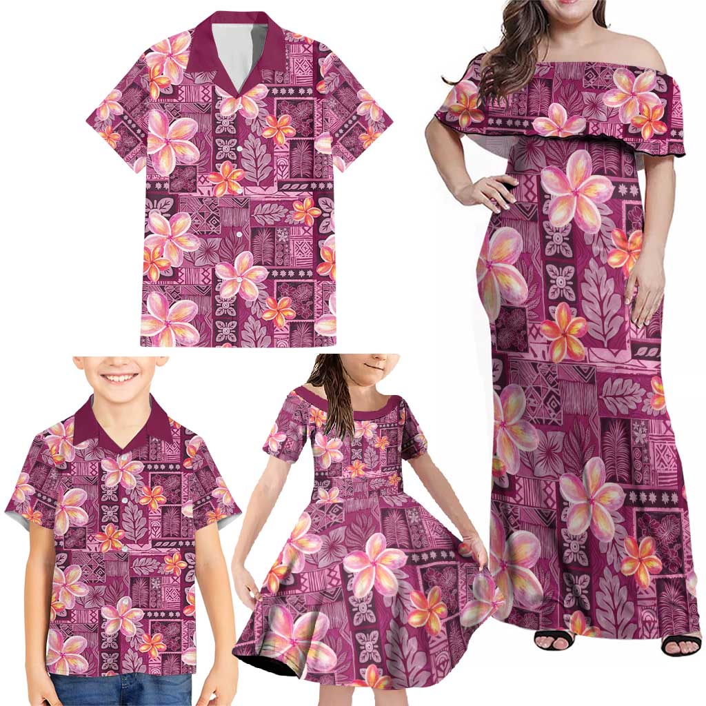 Pink Hawaii Plumeria With Tropical Flowers Motifs Family Matching Off Shoulder Maxi Dress and Hawaiian Shirt