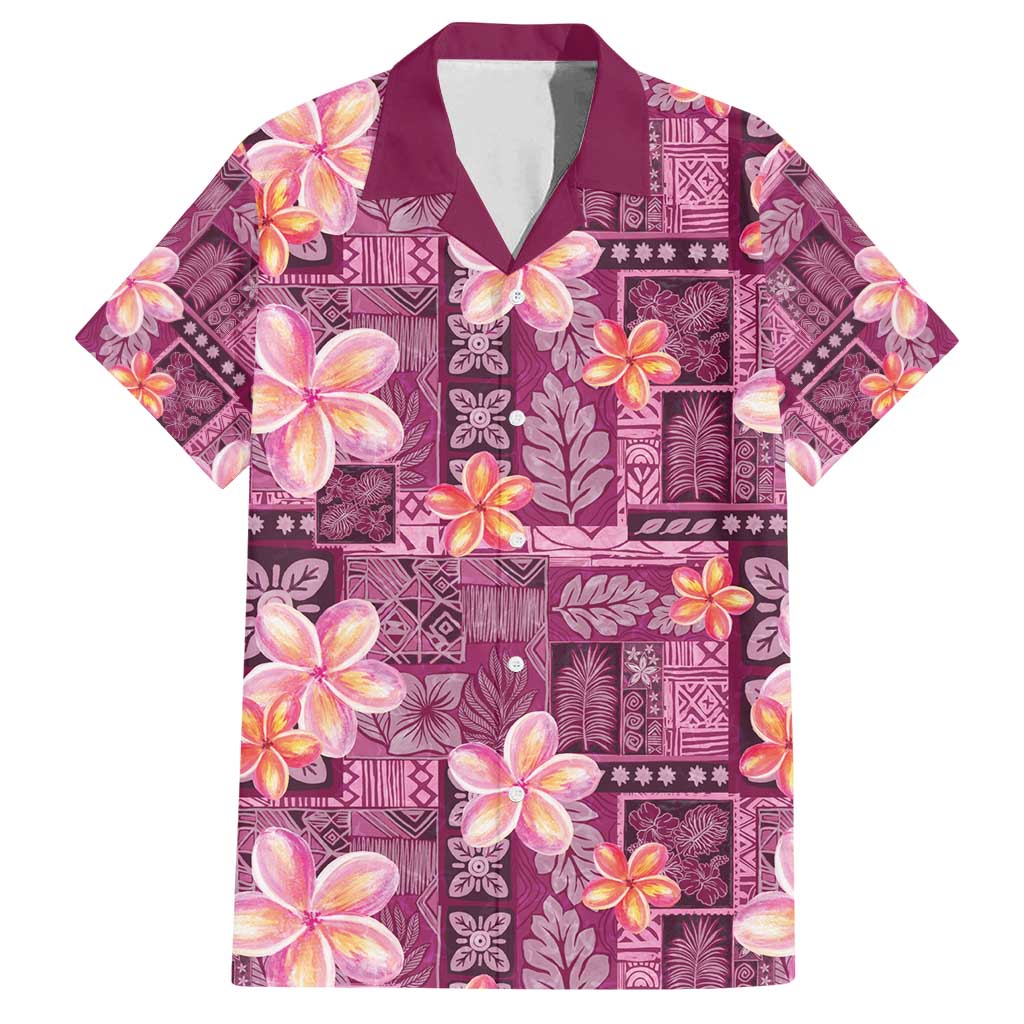 Pink Hawaii Plumeria With Tropical Flowers Motifs Family Matching Off Shoulder Short Dress and Hawaiian Shirt
