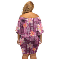 Pink Hawaii Plumeria With Tropical Flowers Motifs Family Matching Off Shoulder Short Dress and Hawaiian Shirt