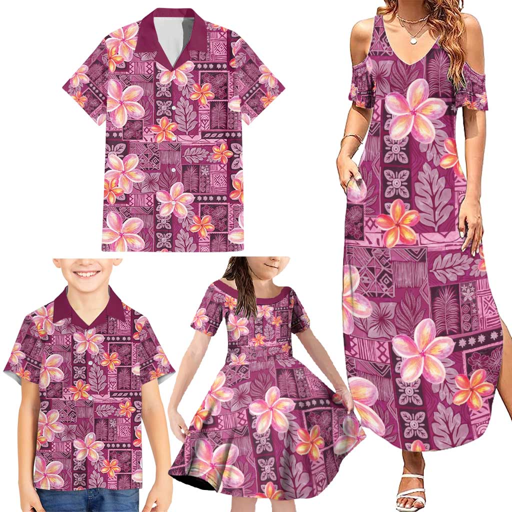 Pink Hawaii Plumeria With Tropical Flowers Motifs Family Matching Summer Maxi Dress and Hawaiian Shirt