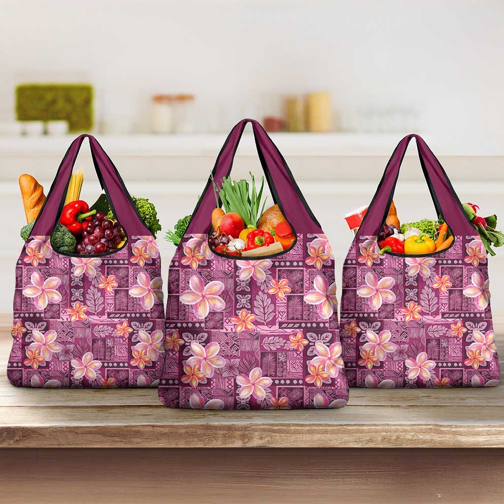 Pink Hawaii Plumeria With Tropical Flowers Motifs Grocery Bag LT14 3-pack One Size Pink - Polynesian Pride
