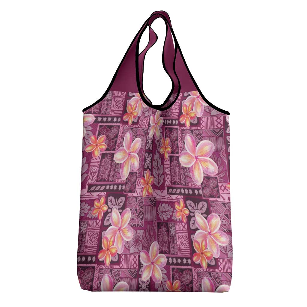 Pink Hawaii Plumeria With Tropical Flowers Motifs Grocery Bag LT14 - Polynesian Pride