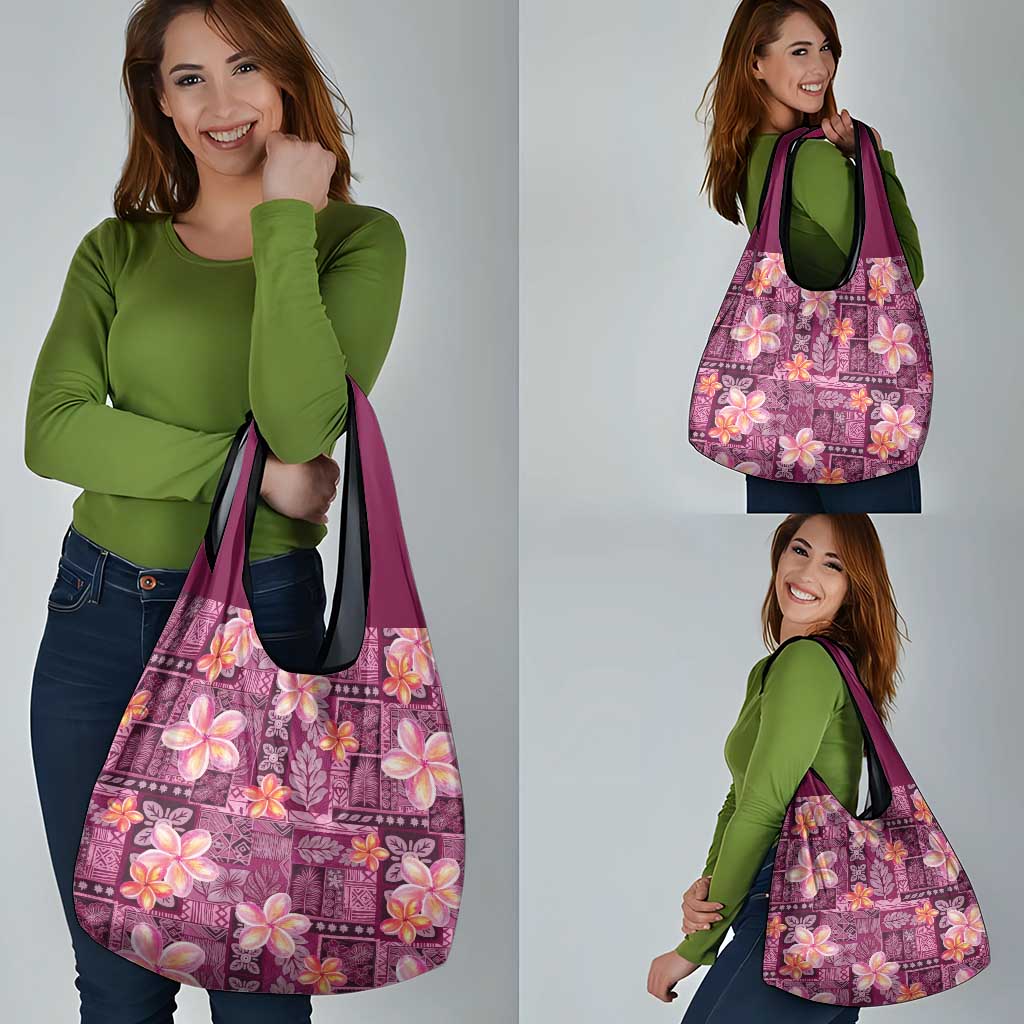 Pink Hawaii Plumeria With Tropical Flowers Motifs Grocery Bag LT14 - Polynesian Pride