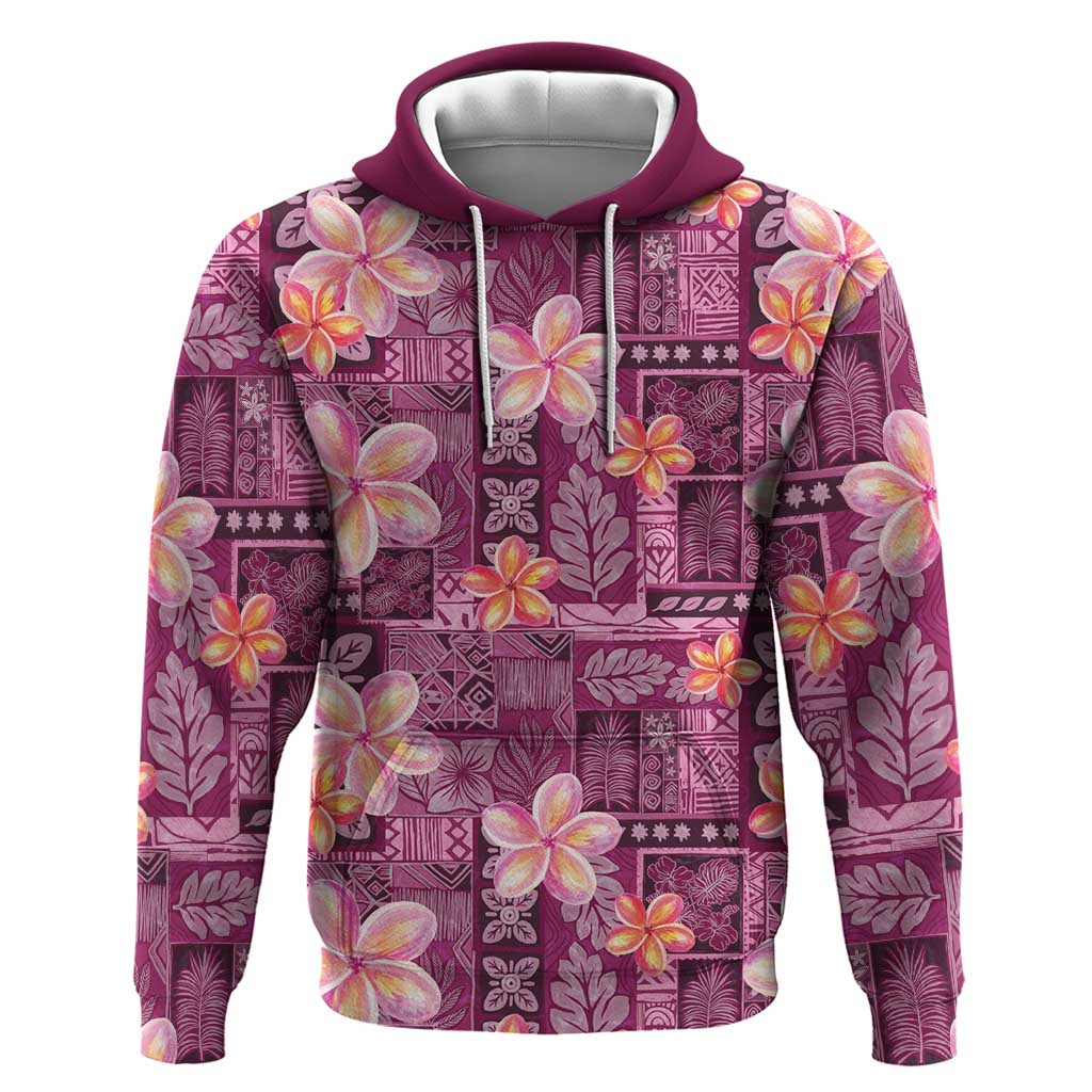 Pink Hawaii Plumeria With Tropical Flowers Motifs Hoodie