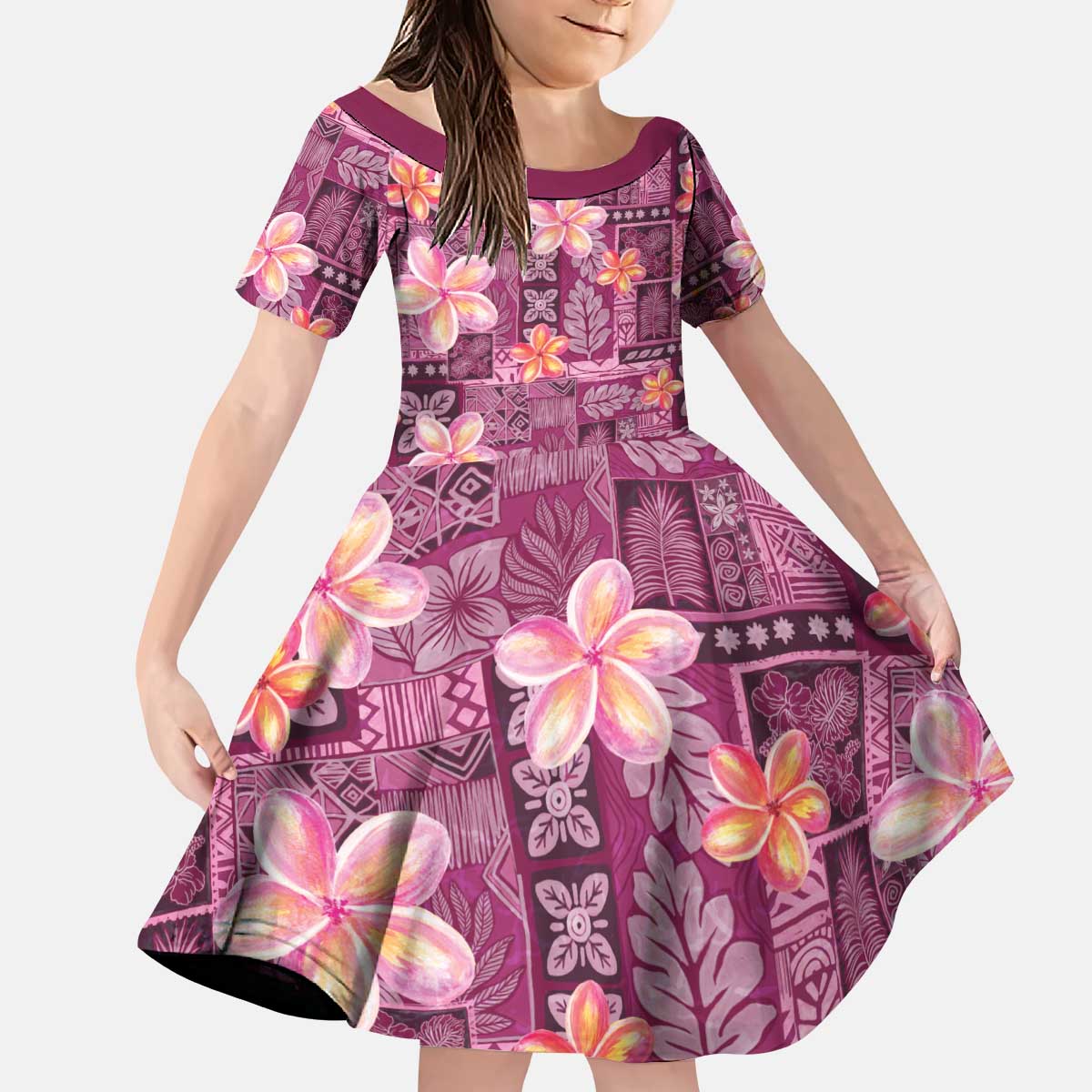 Pink Hawaii Plumeria With Tropical Flowers Motifs Kid Short Sleeve Dress LT14 KID Pink - Polynesian Pride
