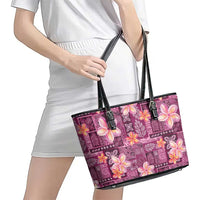 Pink Hawaii Plumeria With Tropical Flowers Motifs Leather Tote Bag