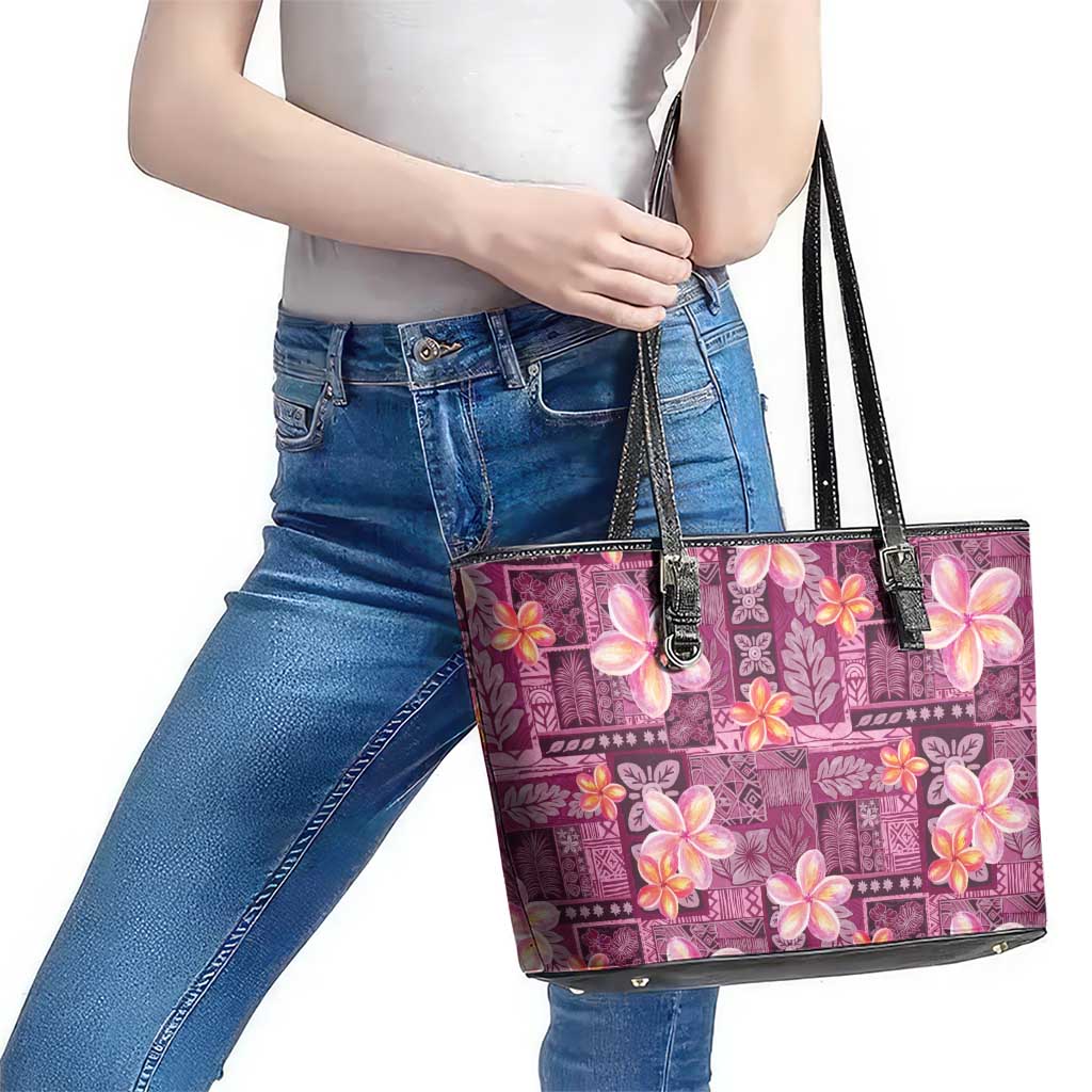 Pink Hawaii Plumeria With Tropical Flowers Motifs Leather Tote Bag