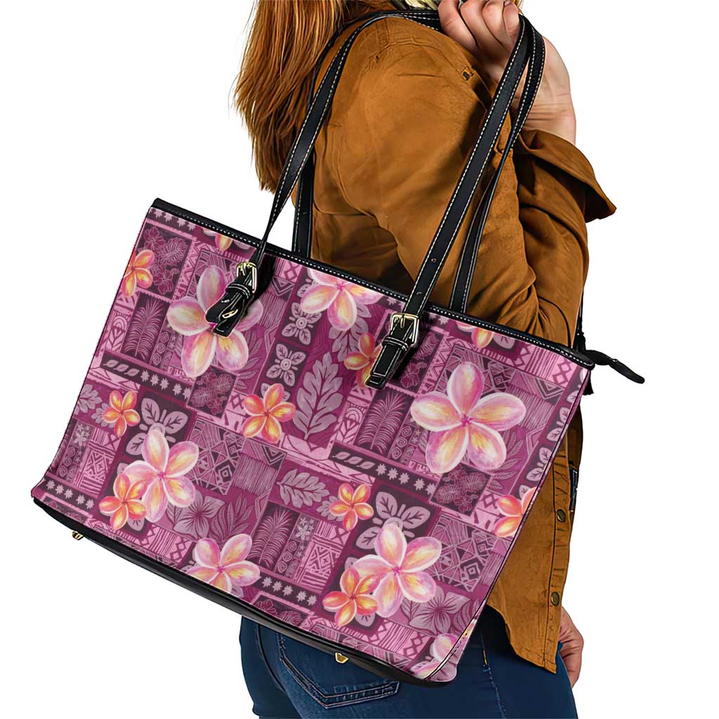 Pink Hawaii Plumeria With Tropical Flowers Motifs Leather Tote Bag