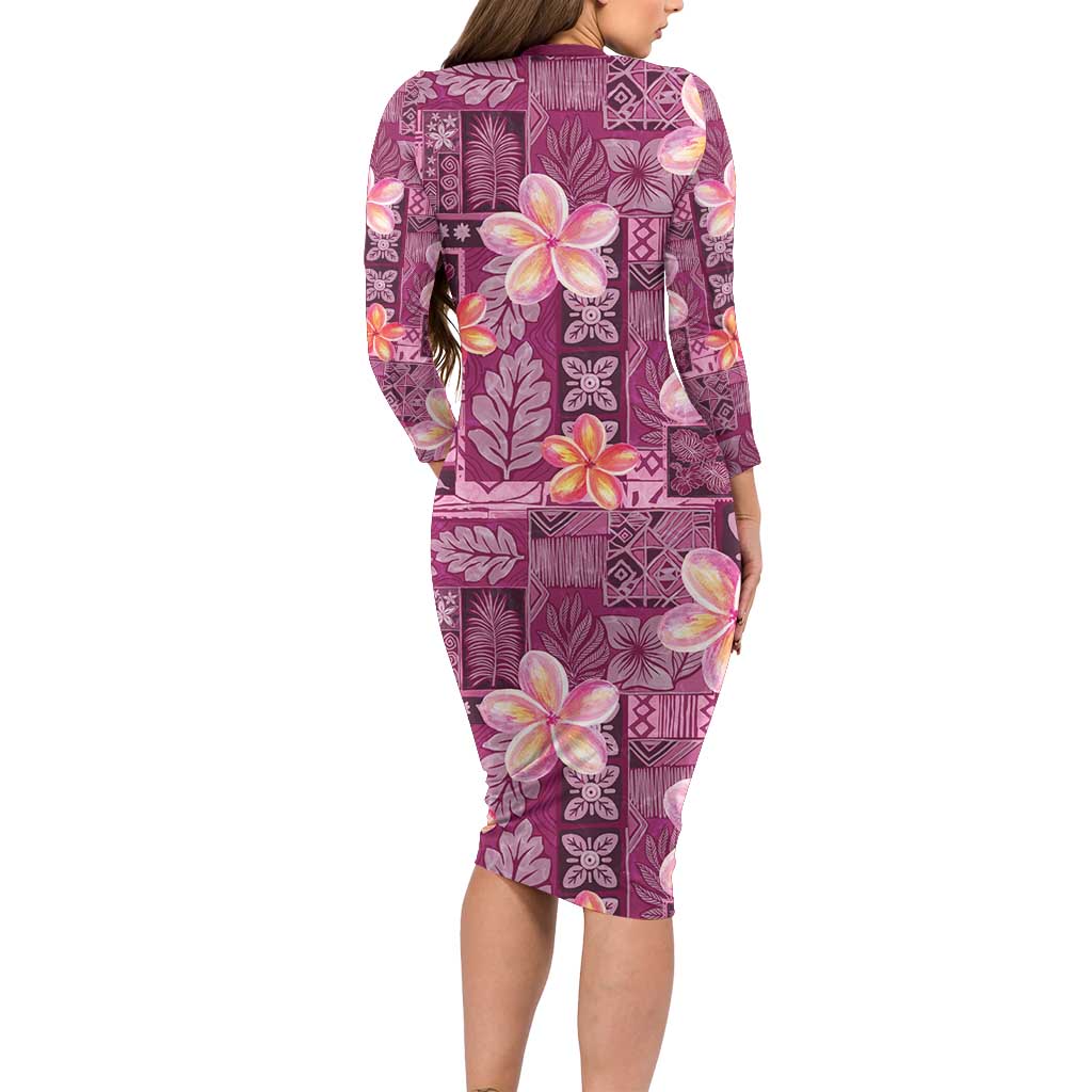 Pink Hawaii Plumeria With Tropical Flowers Motifs Long Sleeve Bodycon Dress
