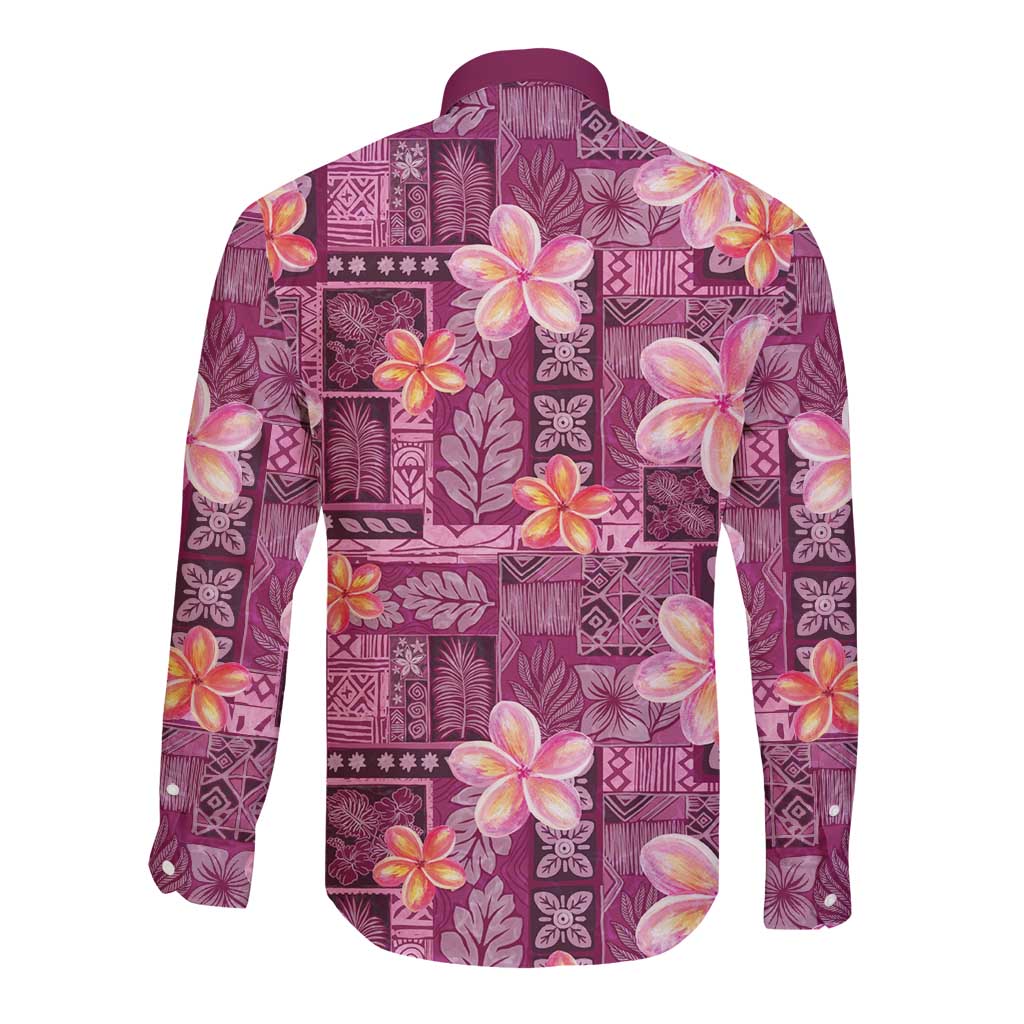 Pink Hawaii Plumeria With Tropical Flowers Motifs Long Sleeve Button Shirt LT14 - Polynesian Pride