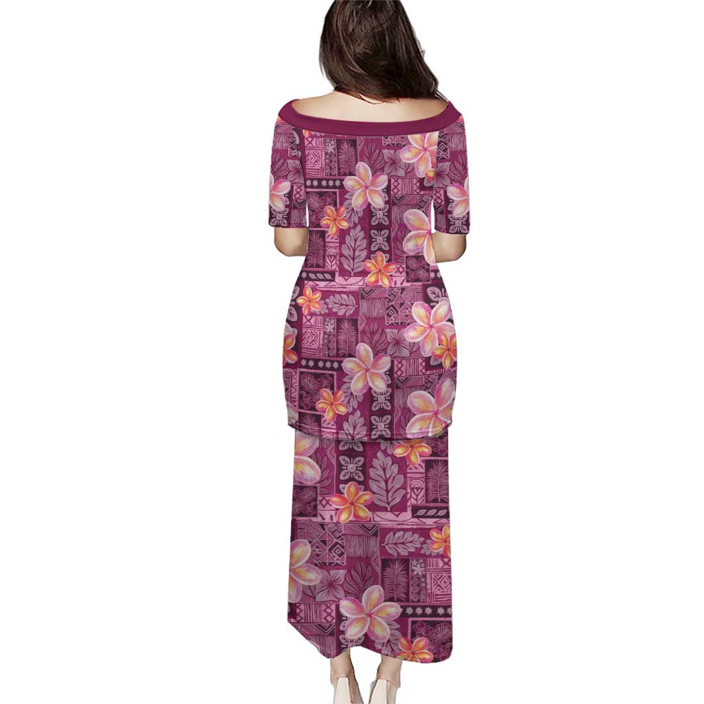 Pink Hawaii Plumeria With Tropical Flowers Motifs Puletasi