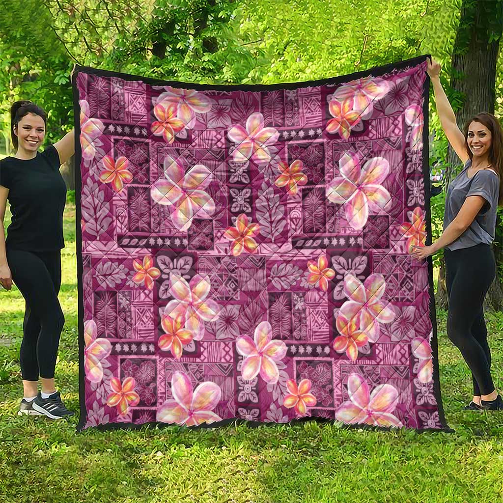 Pink Hawaii Plumeria With Tropical Flowers Motifs Quilt