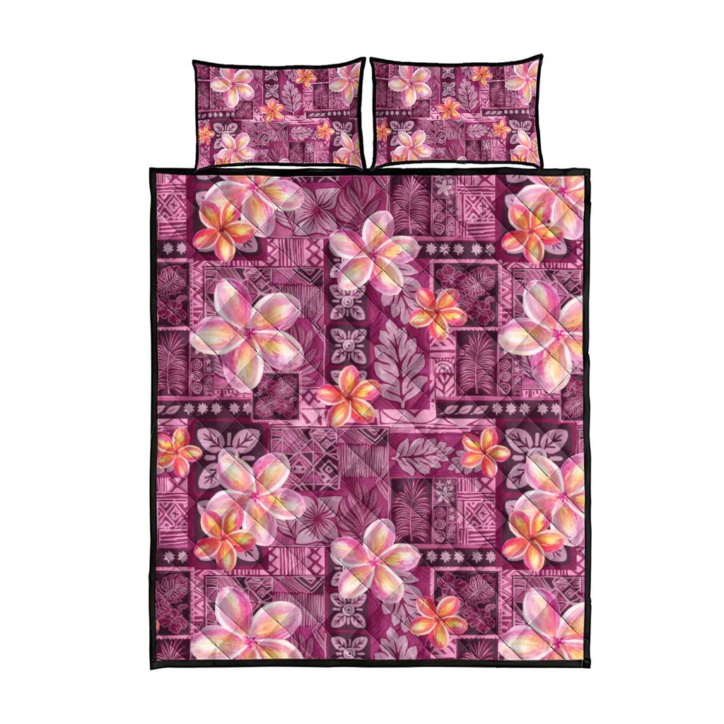 Pink Hawaii Plumeria With Tropical Flowers Motifs Quilt Bed Set