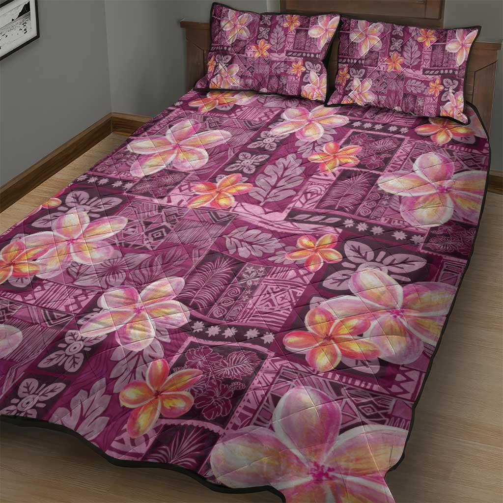 Pink Hawaii Plumeria With Tropical Flowers Motifs Quilt Bed Set