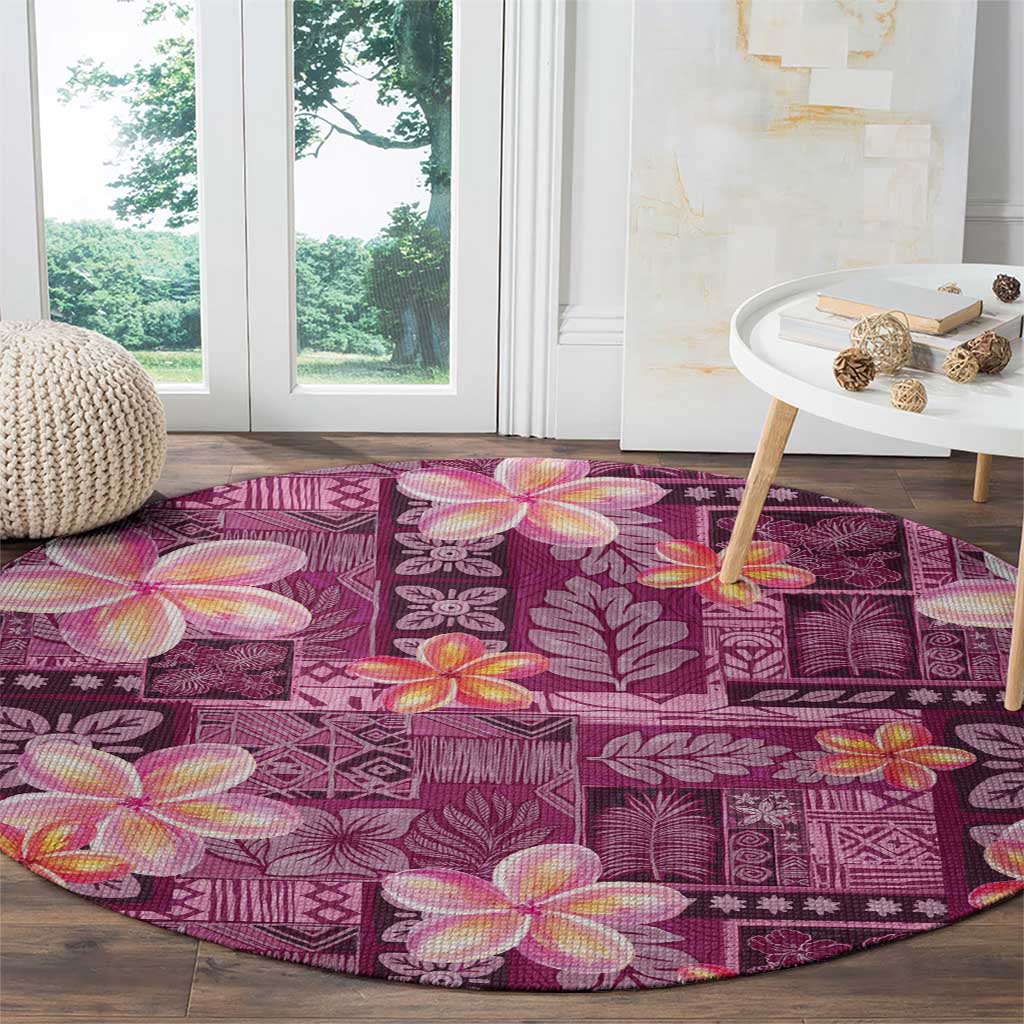 Pink Hawaii Plumeria With Tropical Flowers Motifs Round Carpet LT14 - Polynesian Pride