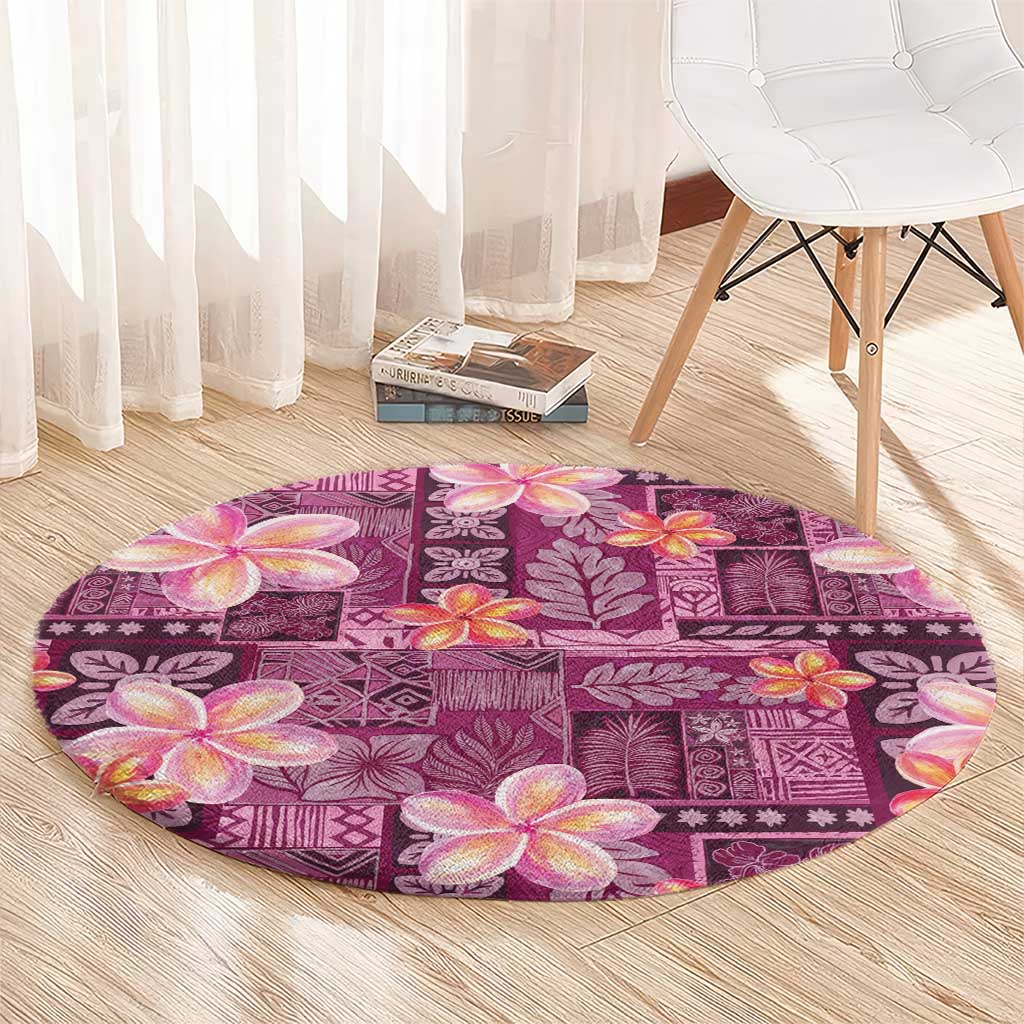 Pink Hawaii Plumeria With Tropical Flowers Motifs Round Carpet LT14 - Polynesian Pride