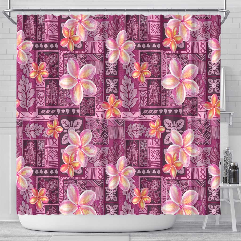 Pink Hawaii Plumeria With Tropical Flowers Motifs Shower Curtain